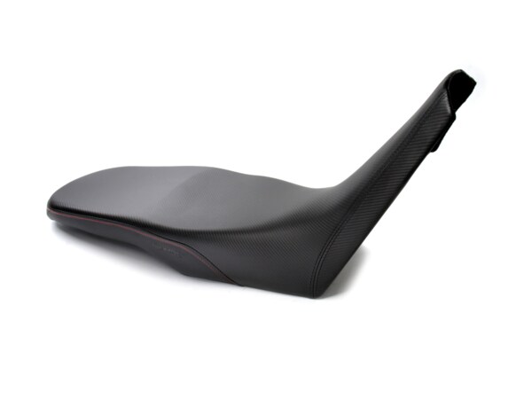 REVolution OEM Motorcycle Seat Upgrade for the Aprilia Tuareg 660 2022+ with CFX and Red Topstitch upholstery.